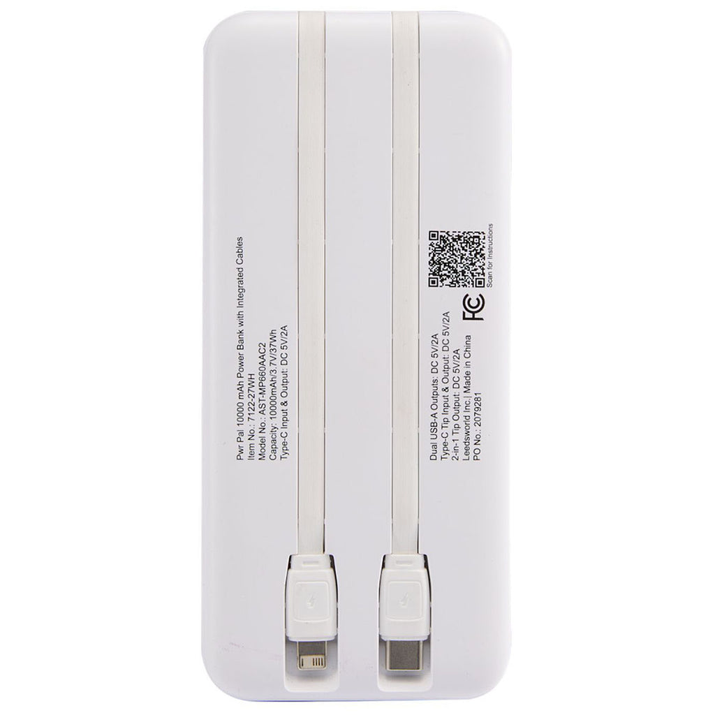 Leed's White Pwr Pal 10000 mAh Power Bank with Integrated Cable