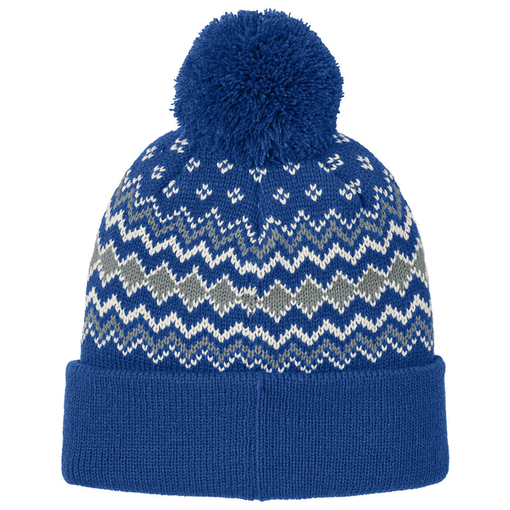Port Authority True Royal/Gusty Grey/Marshmallow Alpine Pom Beanie