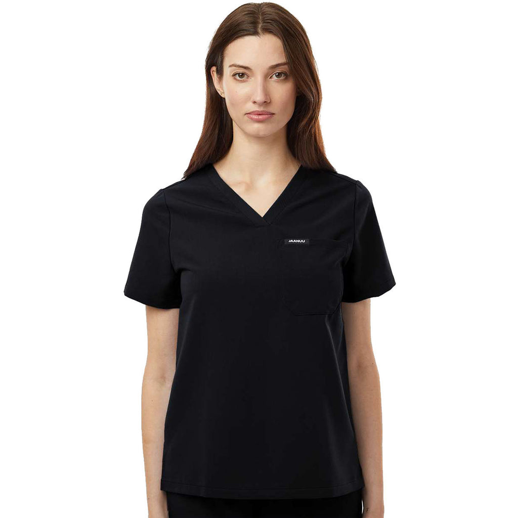 Jaanuu Women's Black Rhena Essential 1-Pocket Scrub V-Neck Top