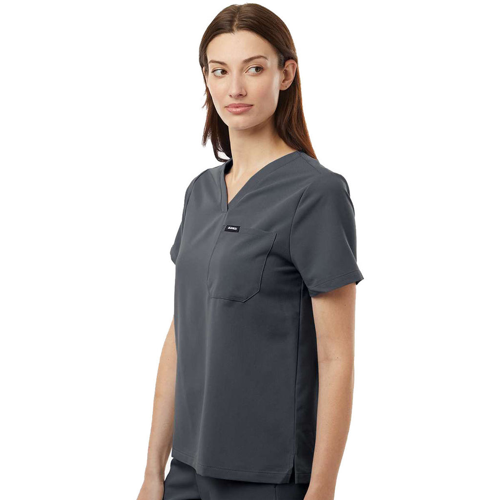 Jaanuu Women's Carbon Grey Rhena Essential 1-Pocket Scrub V-Neck Top