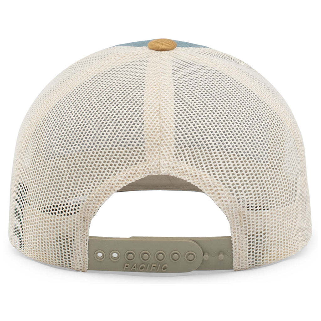 Pacific Headwear Smoke Blue/Beige/Amber Gold Snapback Trucker Mesh Cap