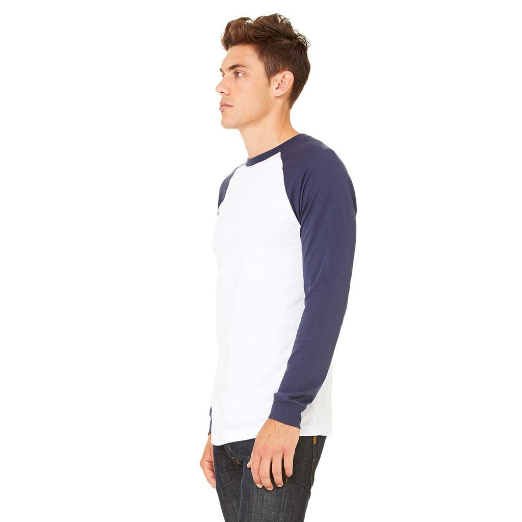 Bella + Canvas Men's White/Navy Jersey Long-Sleeve Baseball T-Shirt