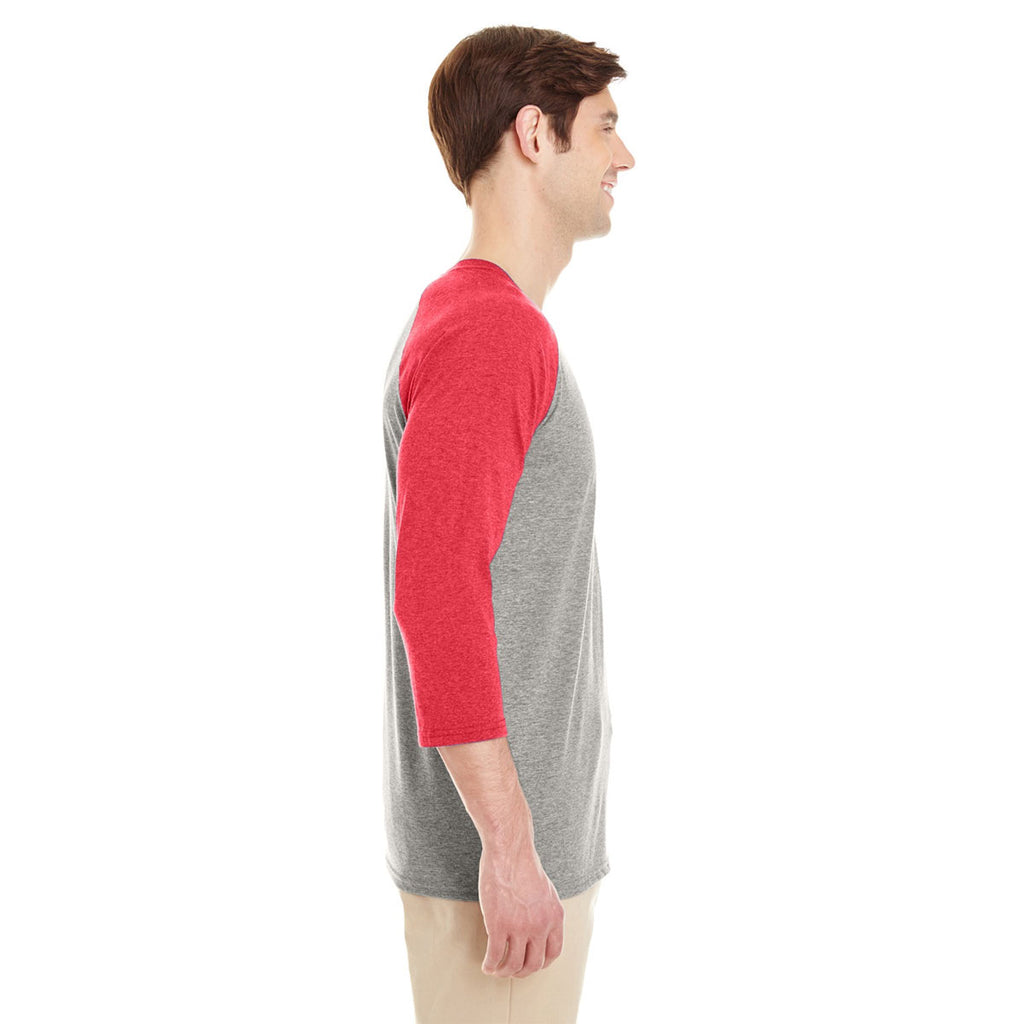 Jerzees Men's Oxford/Fiery Red Heather 4.5 Oz Tri-Blend Baseball Raglan