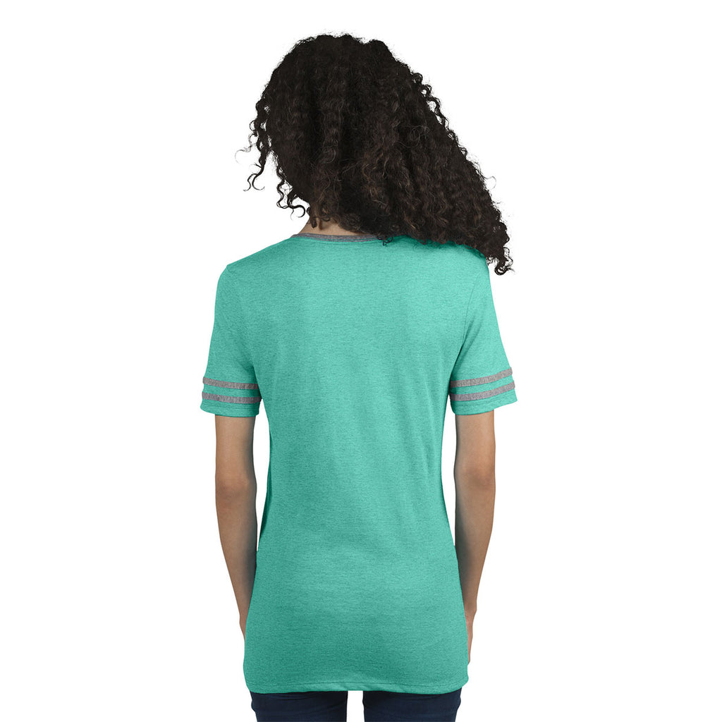 Jerzees Women's Mint Heather/Oxford 4.5 Oz Tri-Blend Varsity V-Neck T-Shirt