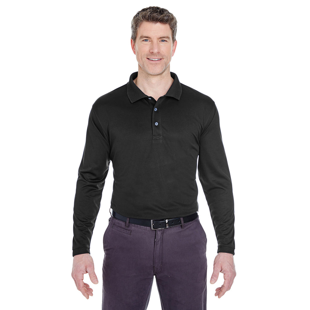 UltraClub Men's Black Cool & Dry Sport Long-Sleeve Polo