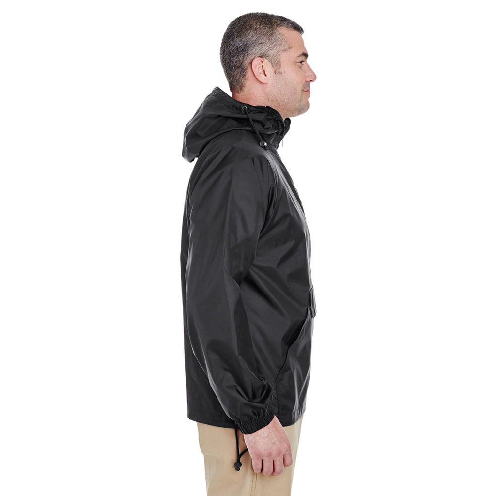 UltraClub Men's Black Quarter-Zip Hooded Pullover Pack-Away Jacket