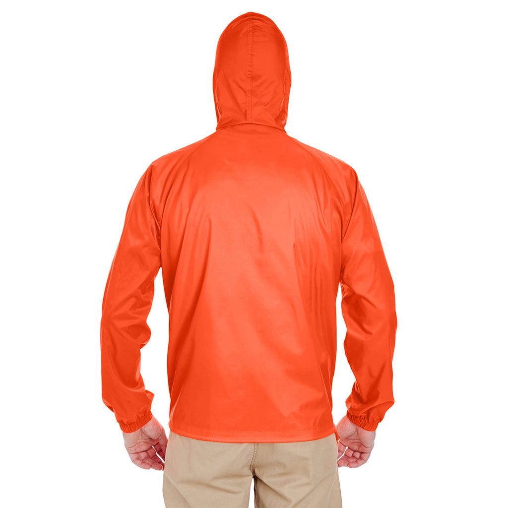 UltraClub Men's Bright Orange Quarter-Zip Hooded Pullover Pack-Away Jacket