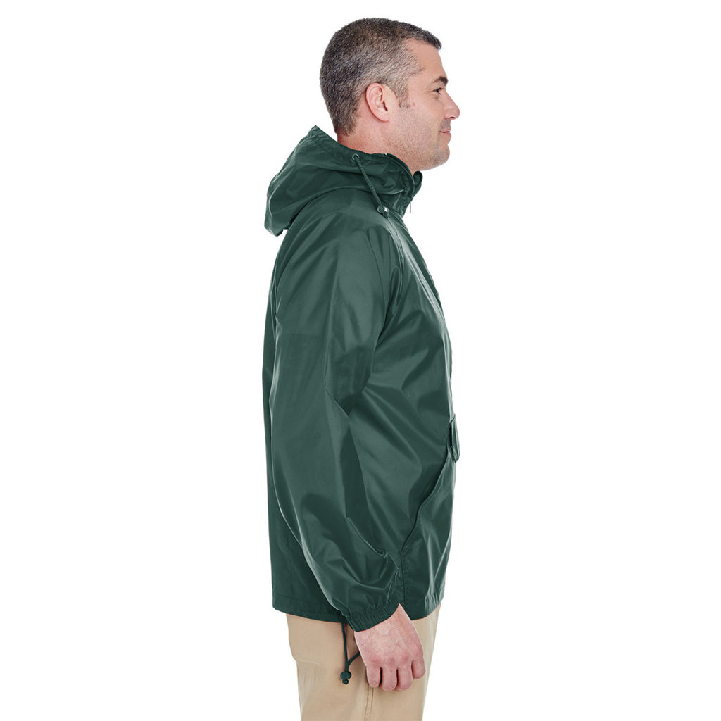 UltraClub Men's Forest Green Quarter-Zip Hooded Pullover Pack-Away Jacket