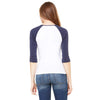 Bella + Canvas Women's White/Navy Stretch Rib 3/4-Sleeve Contrast Raglan T-Shirt