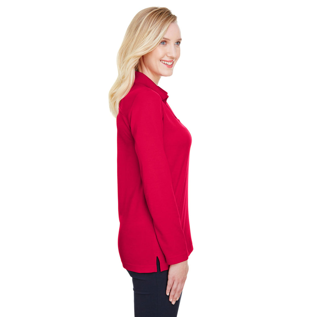 Devon & Jones Women's Red CrownLux Performance Plaited Long Sleeve Polo