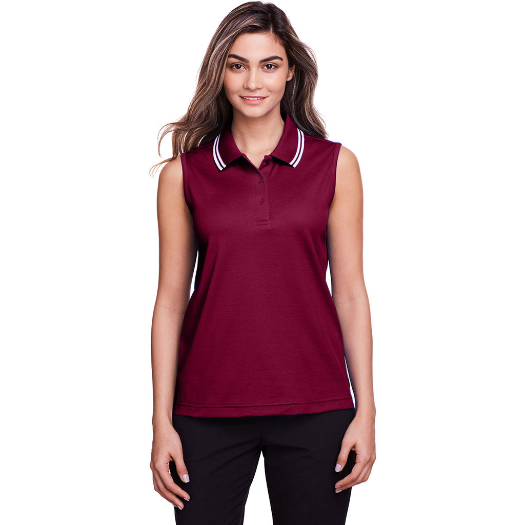 Devon & Jones Women's Burgundy/White CrownLux Performance Plaited Tipped Sleeveless Polo