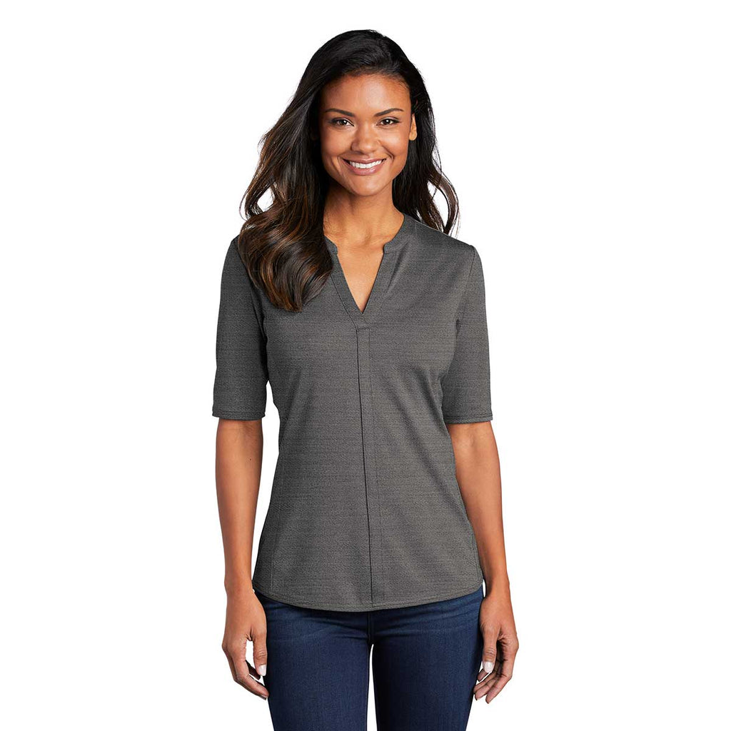 Port Authority Women's Black/Thunder Grey Stretch Heather Open Neck Top