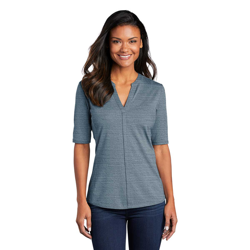 Port Authority Women's Regatta Blue/Gusty Grey Stretch Heather Open Neck Top