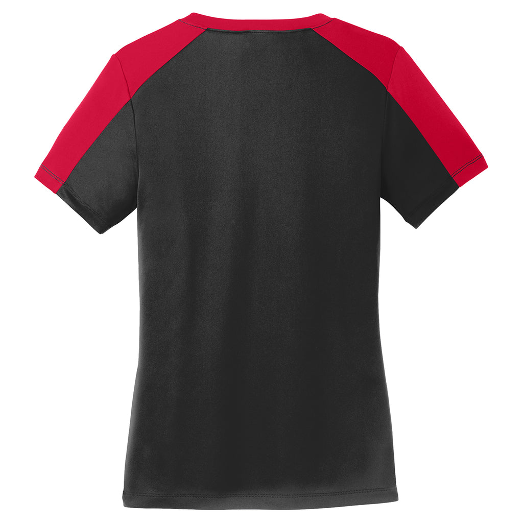 Sport-Tek Women's Black/ True Red PosiCharge Competitor Sleeve-Blocked V-Neck Tee