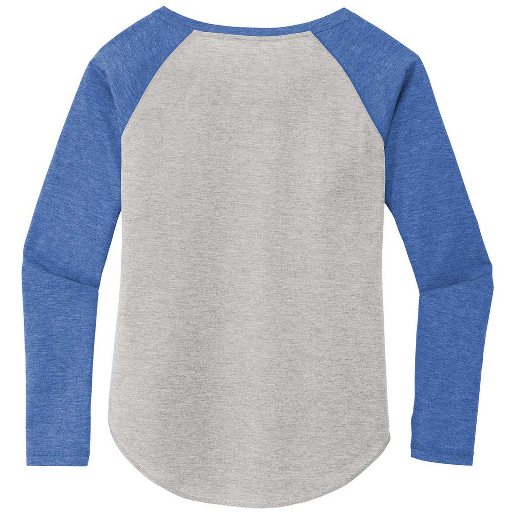 Sport-Tek Women's True Royal Heather/Light Grey Heather PosiCharge Long Sleeve Tri-Blend Wicking Scoop Neck Raglan Tee