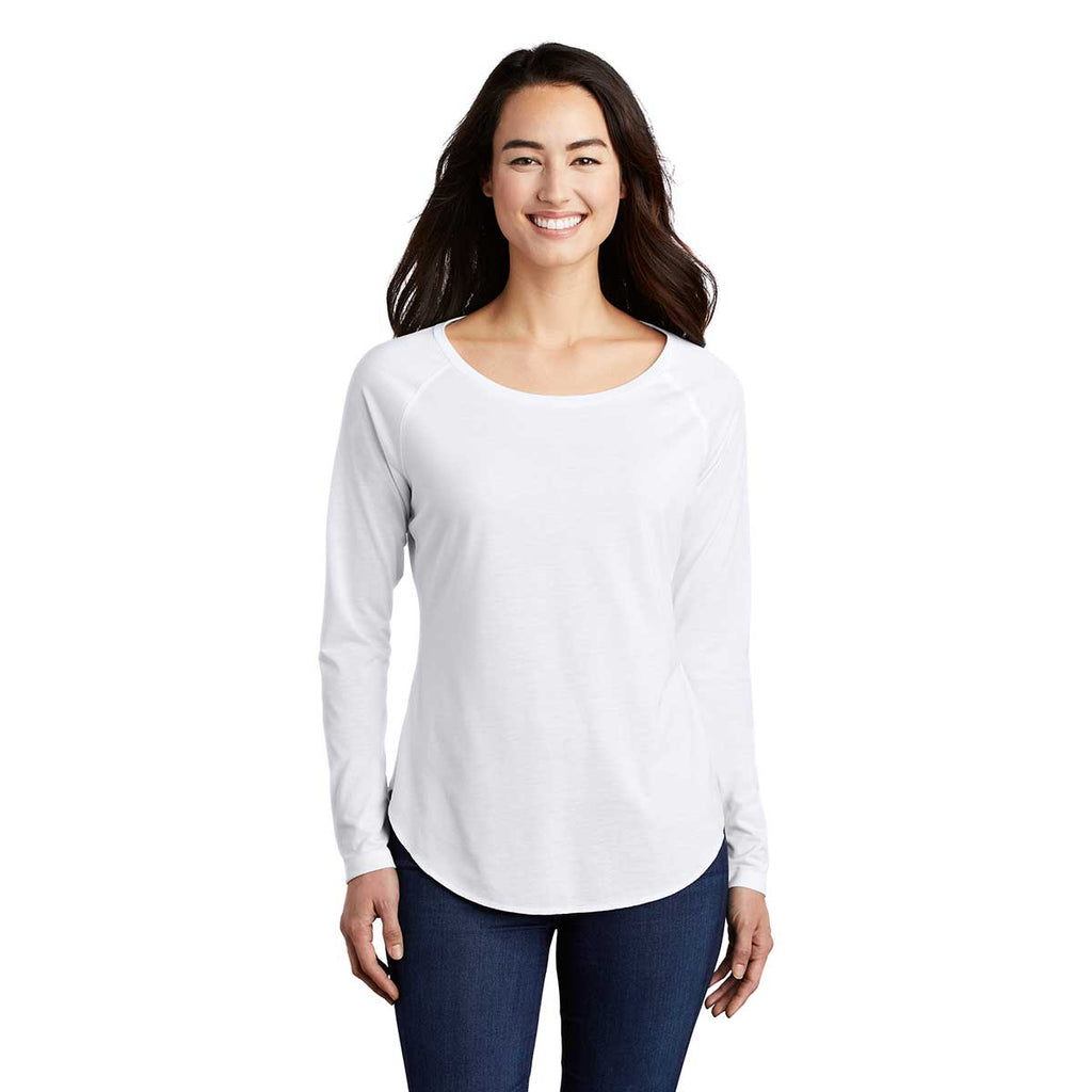 Sport-Tek Women's White Triad Solid PosiCharge Long Sleeve Tri-Blend Wicking Scoop Neck Raglan Tee