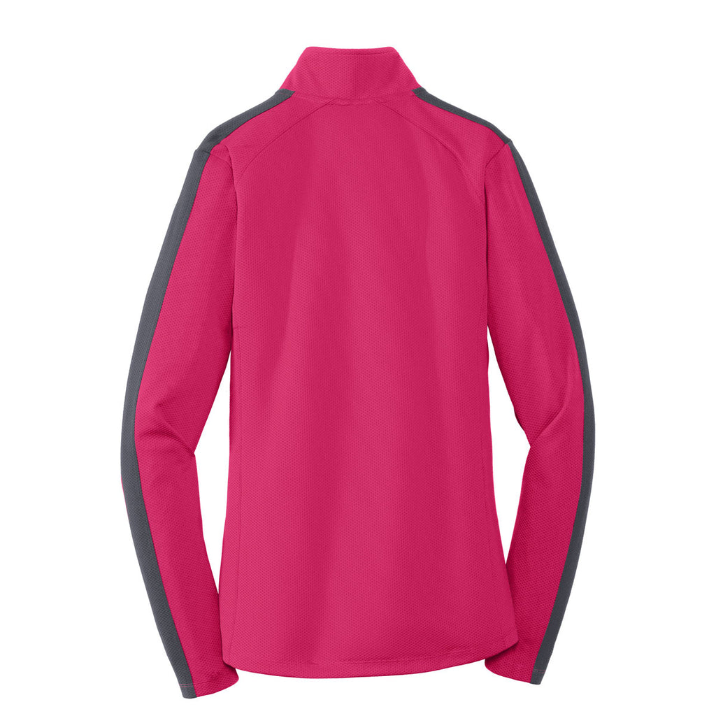 Sport-Tek Women's Pink Raspberry/Iron Grey Sport-Wick Textured Colorblock Quarter Zip Pullover