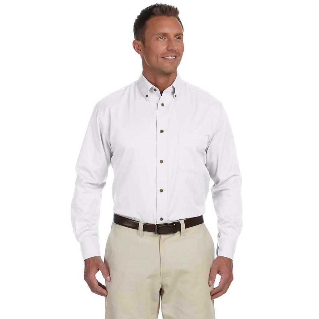 Harriton Men's White Easy Blend Long-Sleeve Twill Shirt with Stain-Release