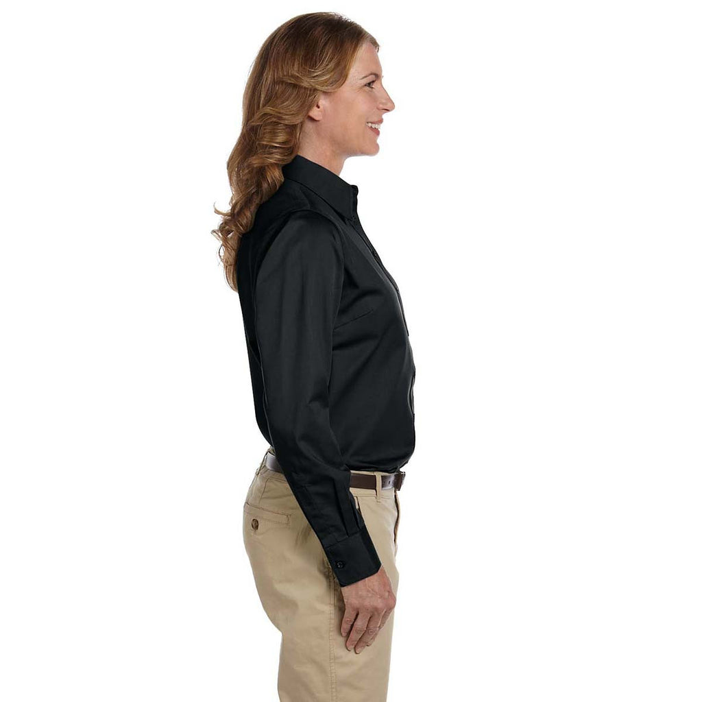 Harriton Women's Black Easy Blend Long-Sleeve Twill Shirt with Stain-Release