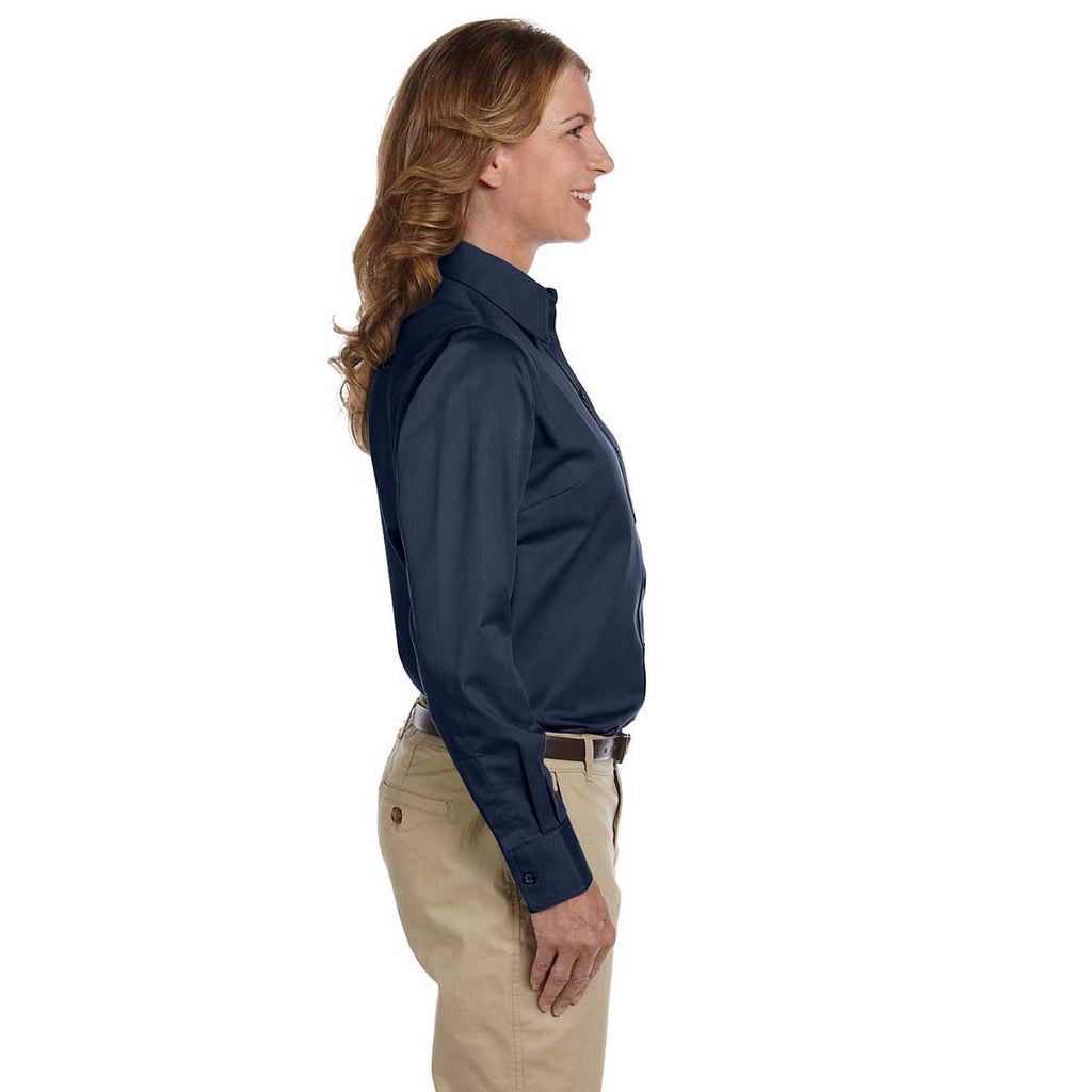 Harriton Women's Navy Easy Blend Long-Sleeve Twill Shirt with Stain-Release