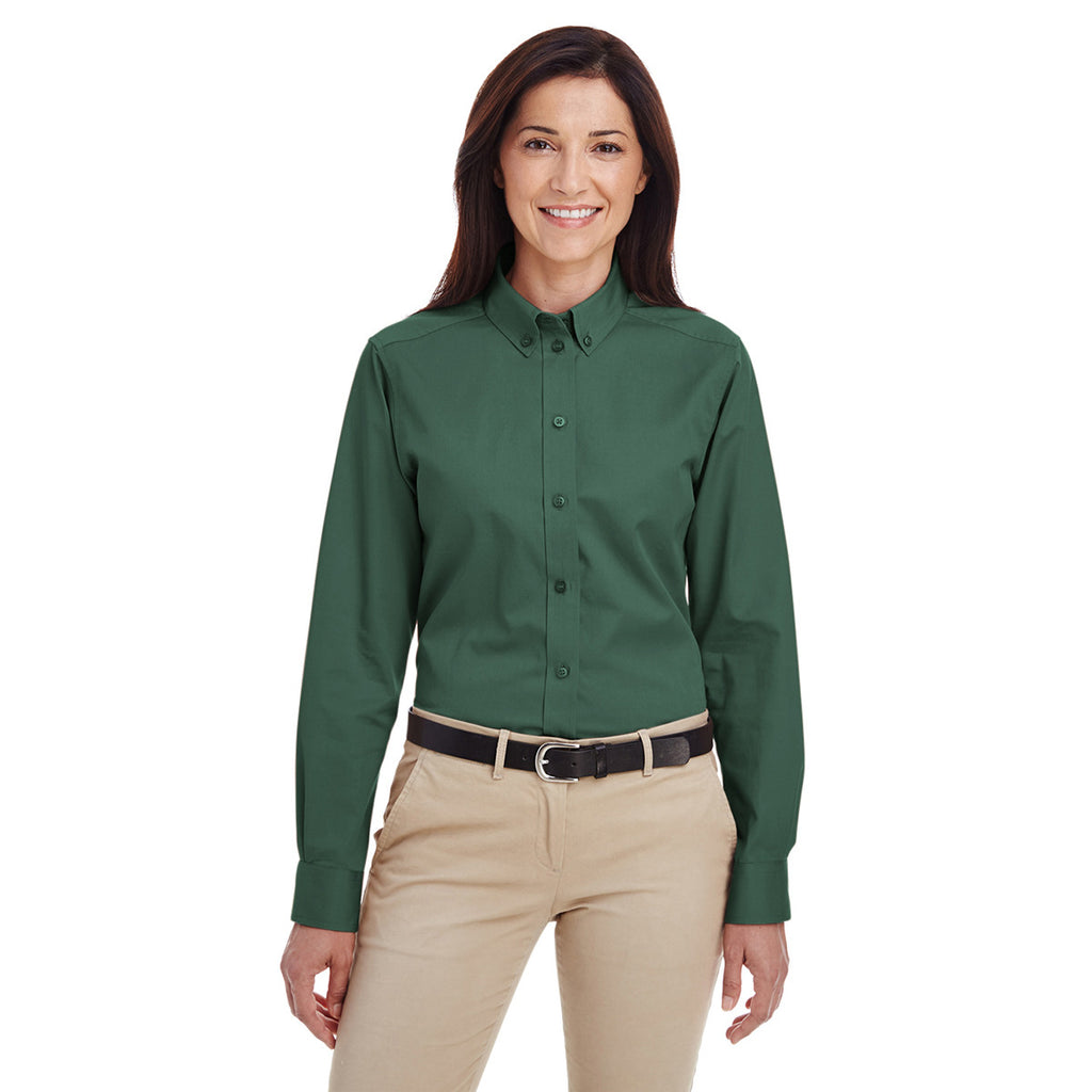 Harriton Women's Hunter Foundation 100% Cotton Long-Sleeve Twill Shirt with Teflon