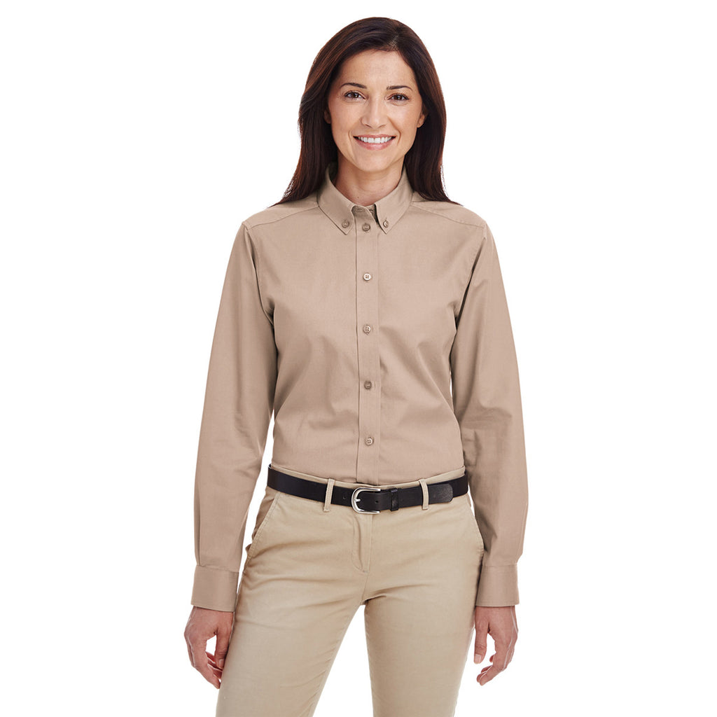 Harriton Women's Khaki Foundation 100% Cotton Long-Sleeve Twill Shirt with Teflon