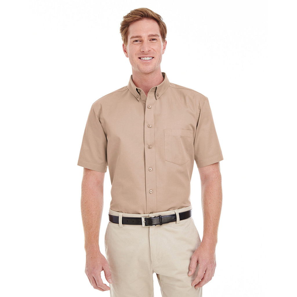 Harriton Men's Khaki Foundation 100% Cotton Short-Sleeve Twill Shirt Teflon