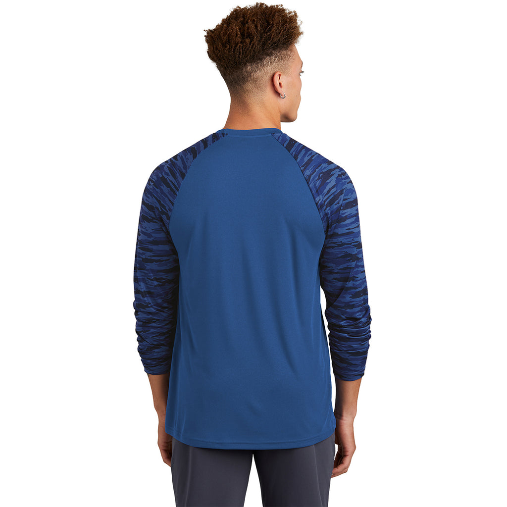 Sport-Tek Men's True Royal Drift Camo Colorblock Long Sleeve Tee