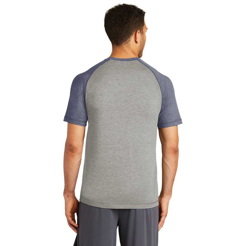 Sport-Tek Men's True Navy Heather/Light Grey Heather PosiCharge Tri-Blend Wicking Raglan Tee