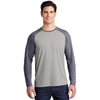 Sport-Tek Men's True Navy Heather/Light Grey Heather PosiCharge Long Sleeve Tri-Blend Wicking Raglan Tee