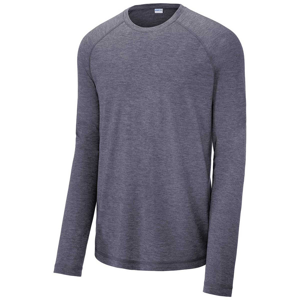 Sport-Tek Men's True Navy Heather PosiCharge Long Sleeve Tri-Blend Wicking Raglan Tee