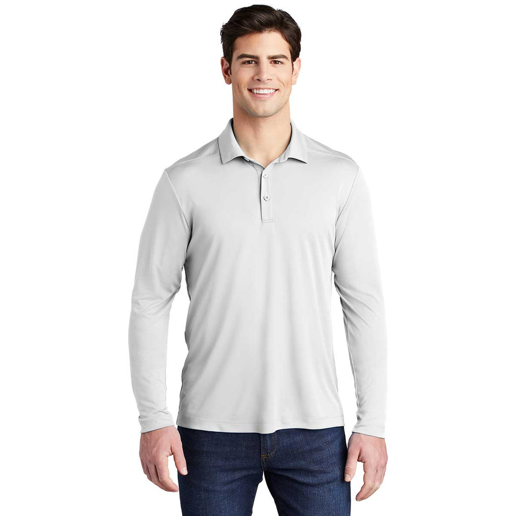 Sport-Tek Men's White Posi-UV Pro Long Sleeve Polo