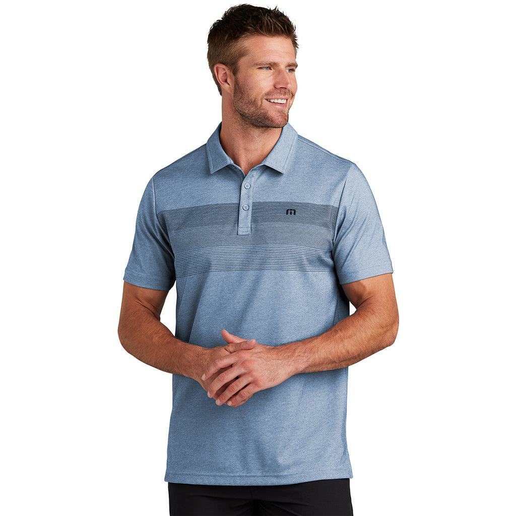 TravisMathew Men's Opal Blue Heather Coastal Chest Stripe Polo